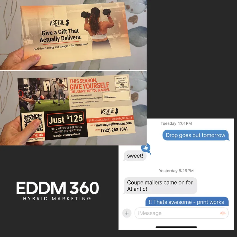 Aspire Fitness mailers and a text saying print works
