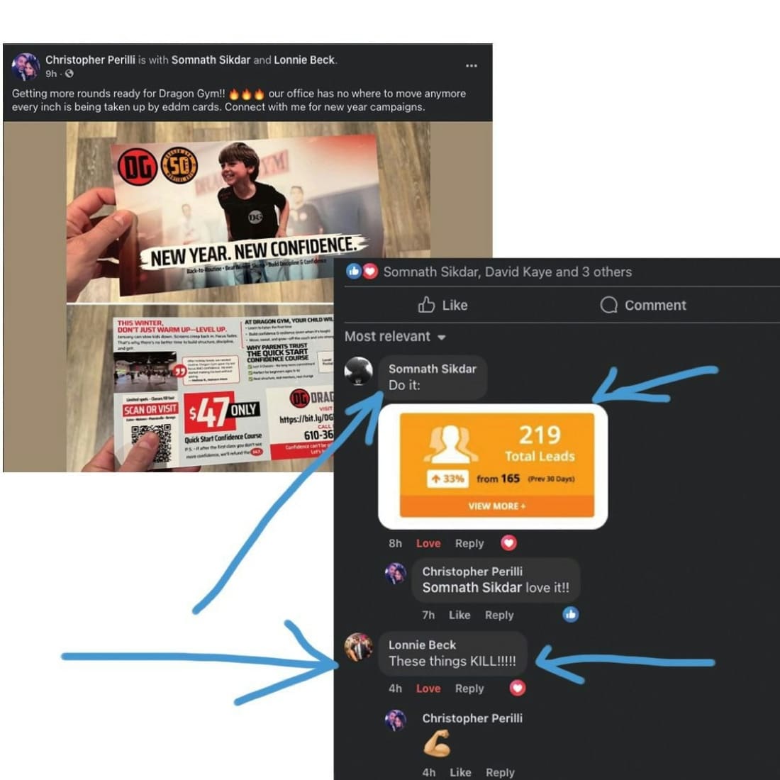 Dragon Gym Facebook post and comments about EDDM cards driving leads