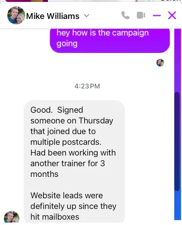 Mike Williams message about signing a member from the postcards