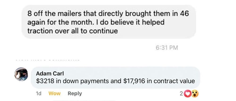 Message showing revenue driven directly by the mailers