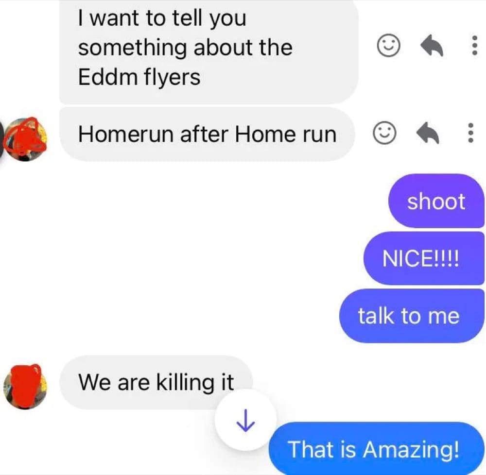 Message calling the EDDM flyers homerun after homerun